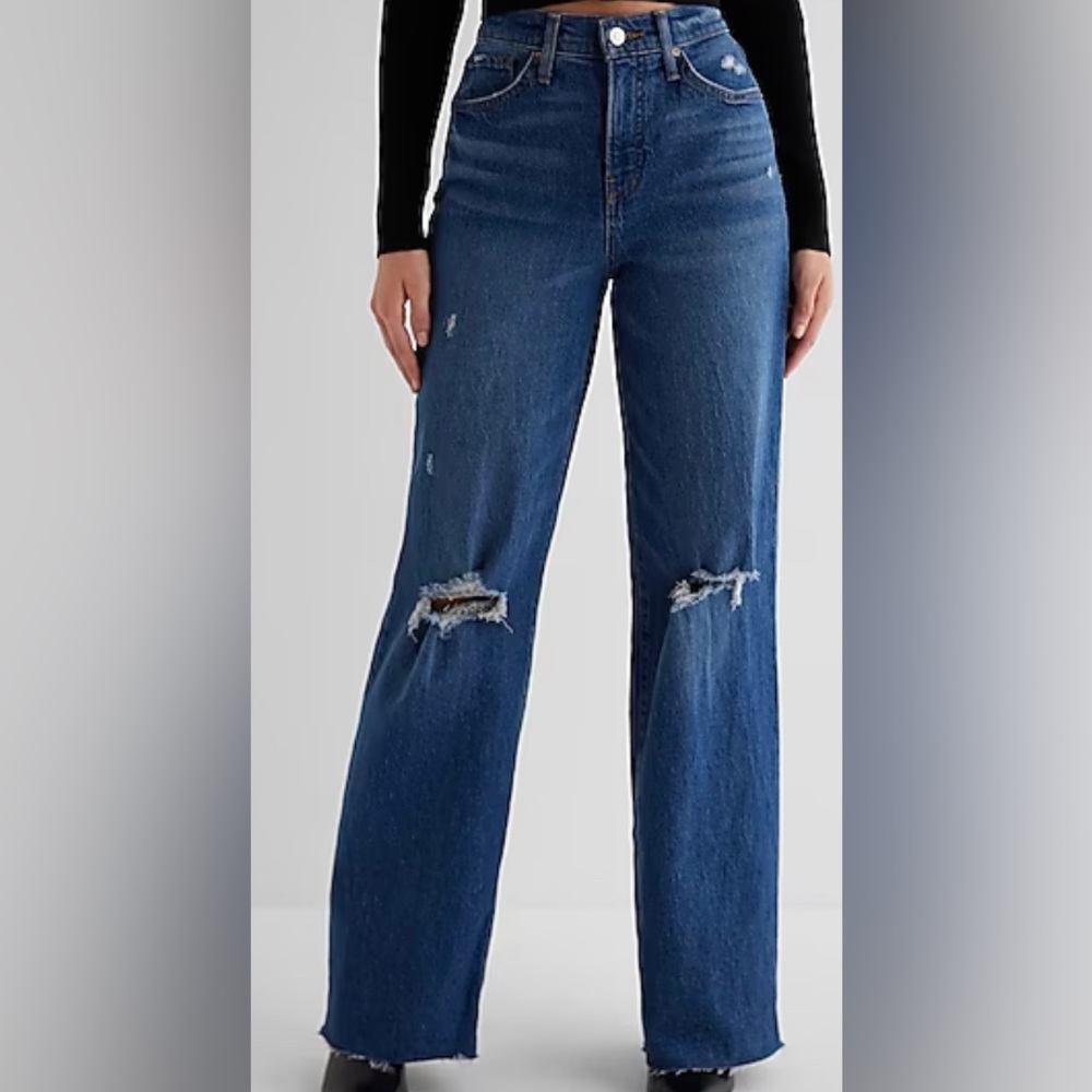 Express High Waisted Dark Wash Ripped Raw Hem Wide Leg Jeans